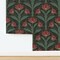 Art Deco Floral Red Green Botanical Bold Retro Flowers Traditional Elegant Custom Removable Wallpaper by Spoonflower Peel & Stick Wallpaper 2FT Wide